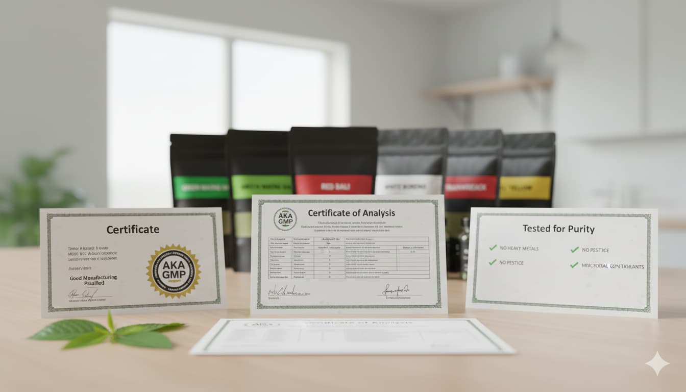 Harvest Kratom third party lab testing and AKA GMP certification showing quality control standards